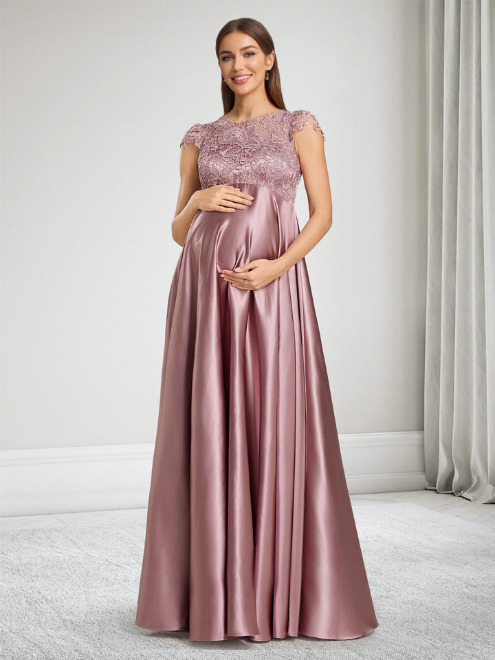 Satin A-Line Illusion Boat Neck Maternity Bridesmaid Dresses With Lace