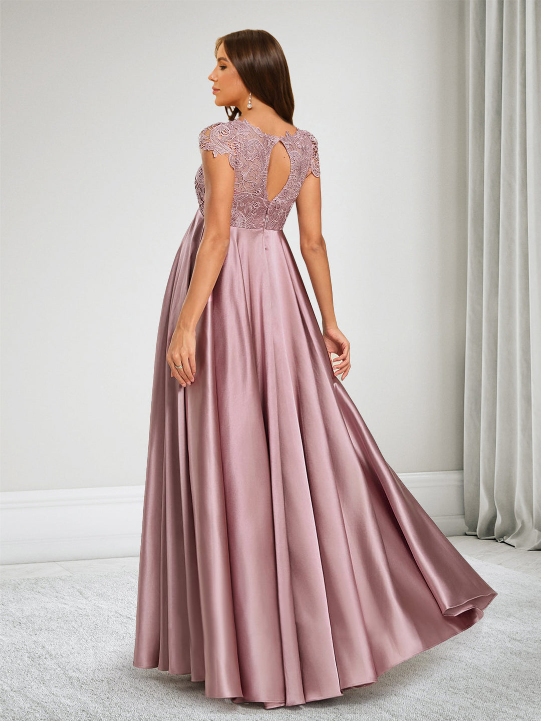 Satin A-Line Illusion Boat Neck Maternity Bridesmaid Dresses With Lace