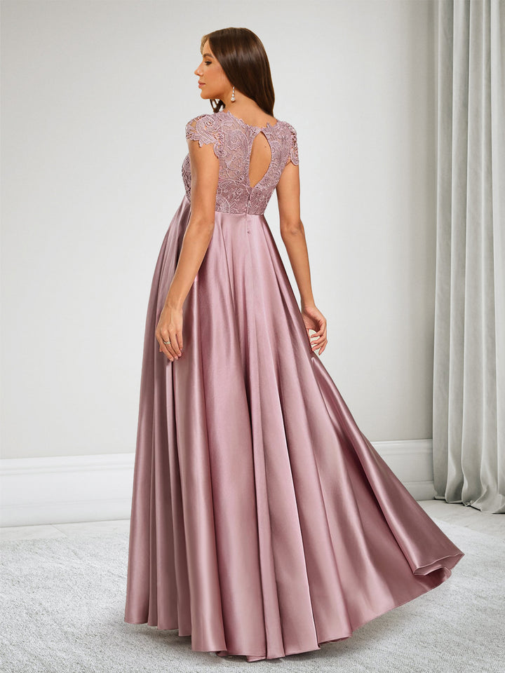 Satin A-Line Illusion Boat Neck Maternity Bridesmaid Dresses With Lace