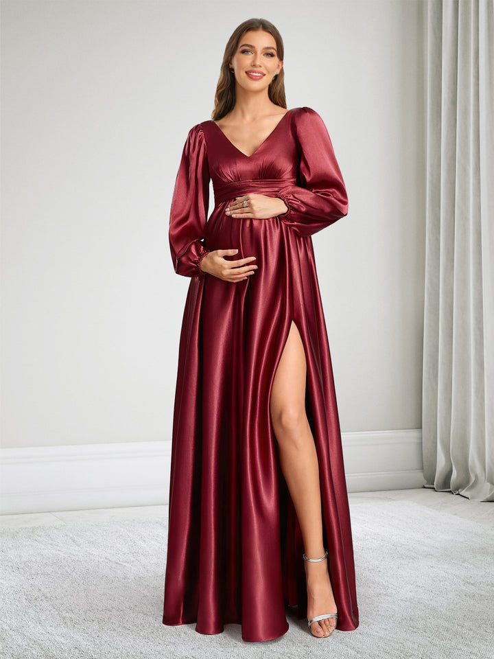 Satin A-Line/Princess V-Neck Long Sleeves Maternity Bridesmaid Dresses With Split Side