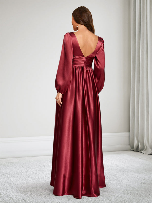 Satin A-Line/Princess V-Neck Long Sleeves Baby Shower Bridesmaid Dresses With Split Side