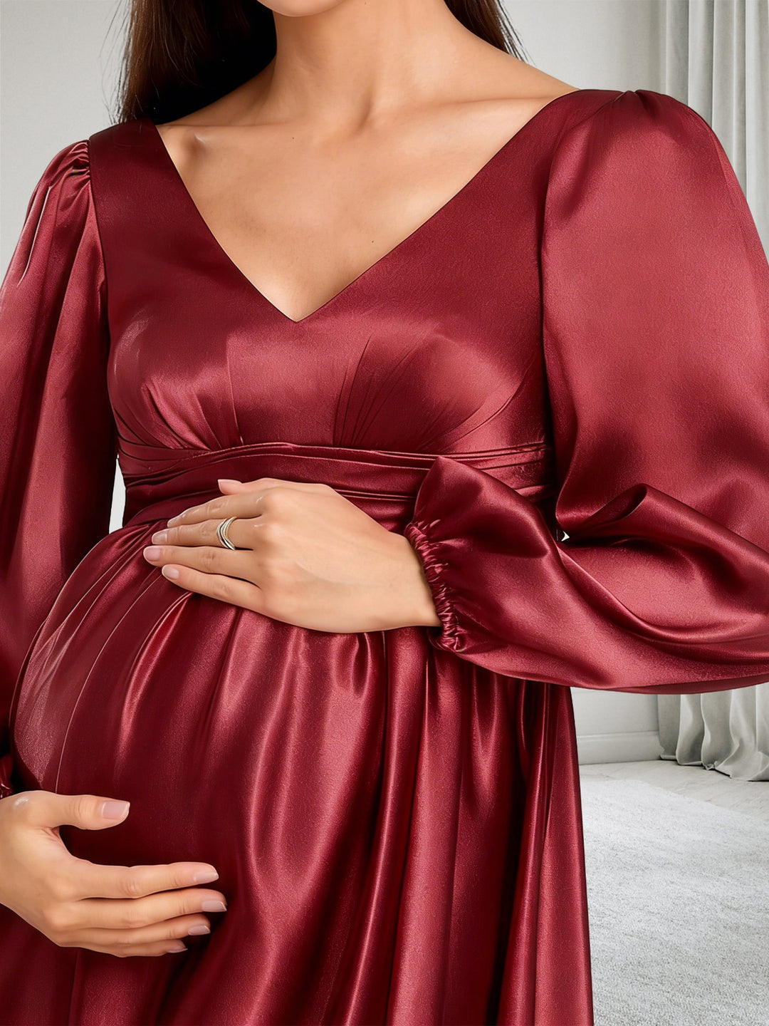 Satin A-Line/Princess V-Neck Long Sleeves Maternity Bridesmaid Dresses With Split Side