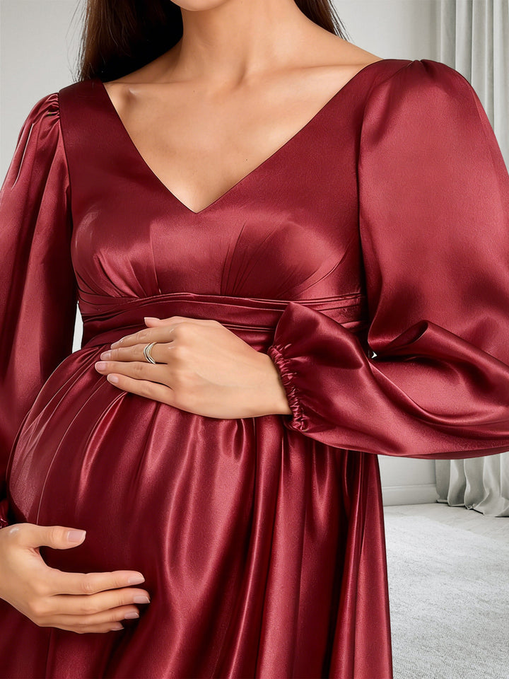 Satin A-Line/Princess V-Neck Long Sleeves Maternity Bridesmaid Dresses With Split Side