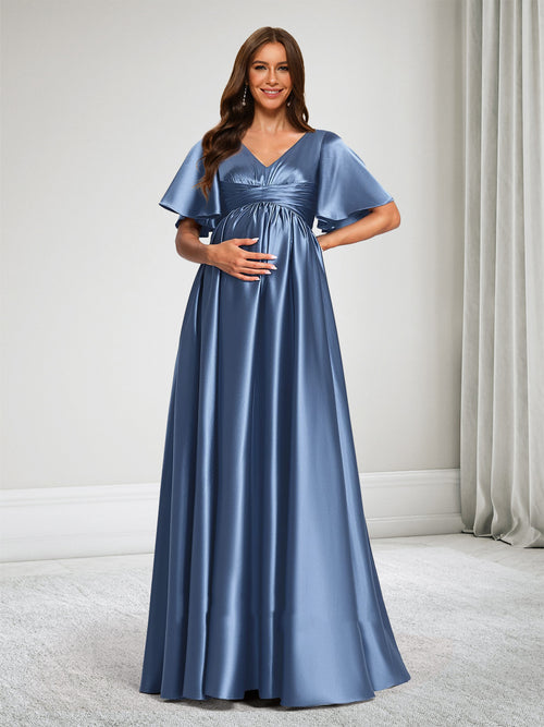 Elegant A-Line V-Neck Short Sleeves Maternity Dress Bridesmaid Dresses With Ruffles 2026