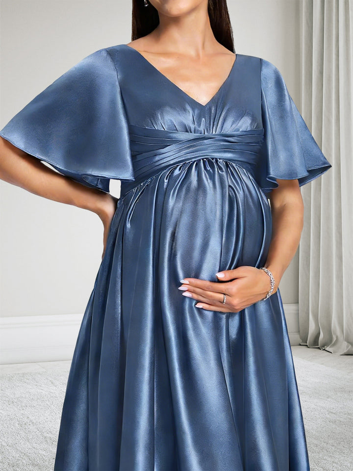 A-Line V-Neck Short Sleeves Maternity Bridesmaid Dresses With Ruffles