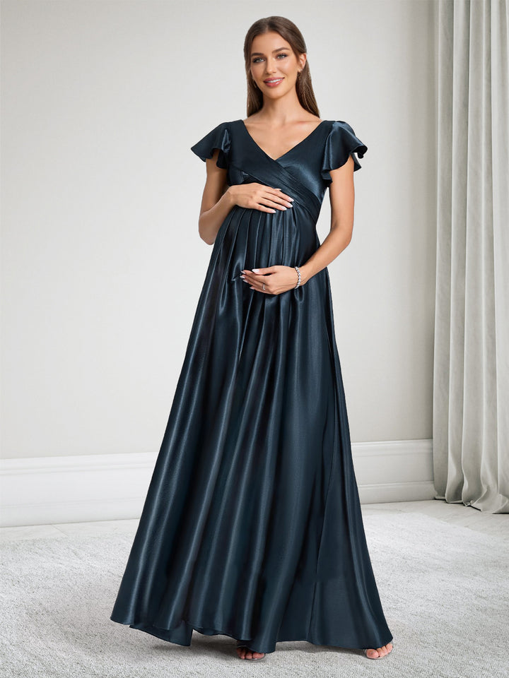 A-Line V-Neck Short Sleeves Ruched Maternity Bridesmaid Dresses With Ruffles