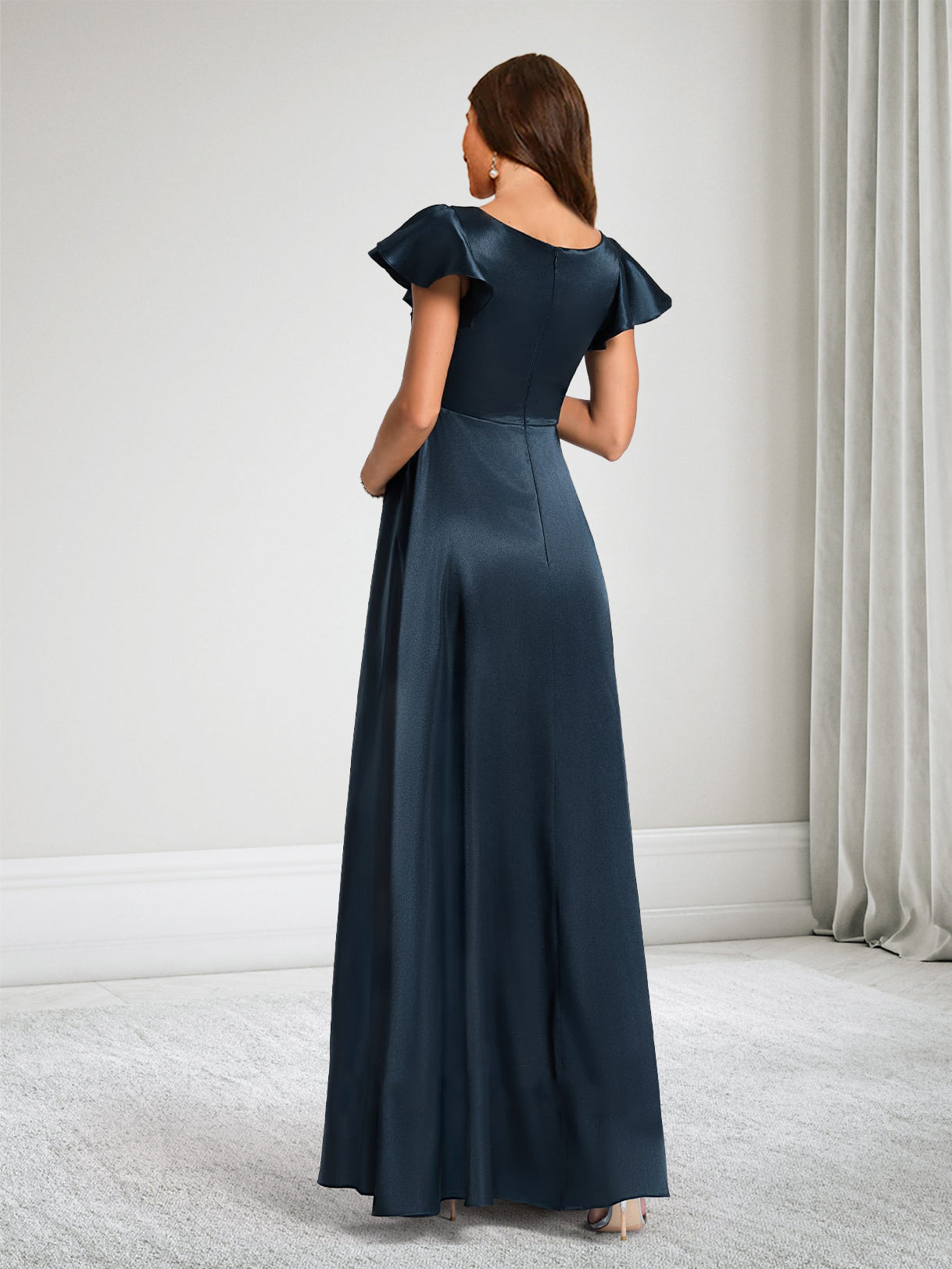 A-Line V-Neck Short Sleeves Ruched Maternity Bridesmaid Dresses With Ruffles