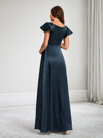 A-Line V-Neck Short Sleeves Ruched Baby Shower Bridesmaid Dresses With Ruffles