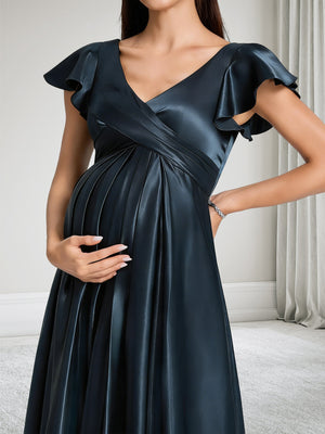 A-Line V-Neck Short Sleeves Ruched Baby Shower Bridesmaid Dresses With Ruffles