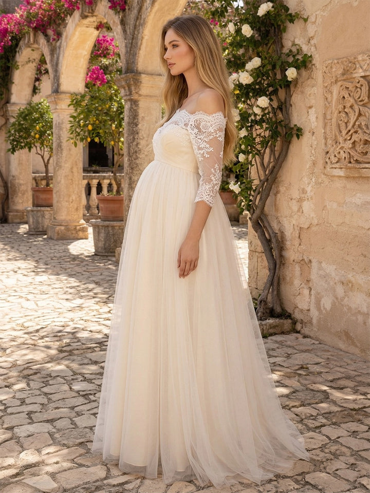 A-Line/Princess Off the Shoulder 3/4 Sleeves Floor-Length Maternity Wedding Dresses With Lace