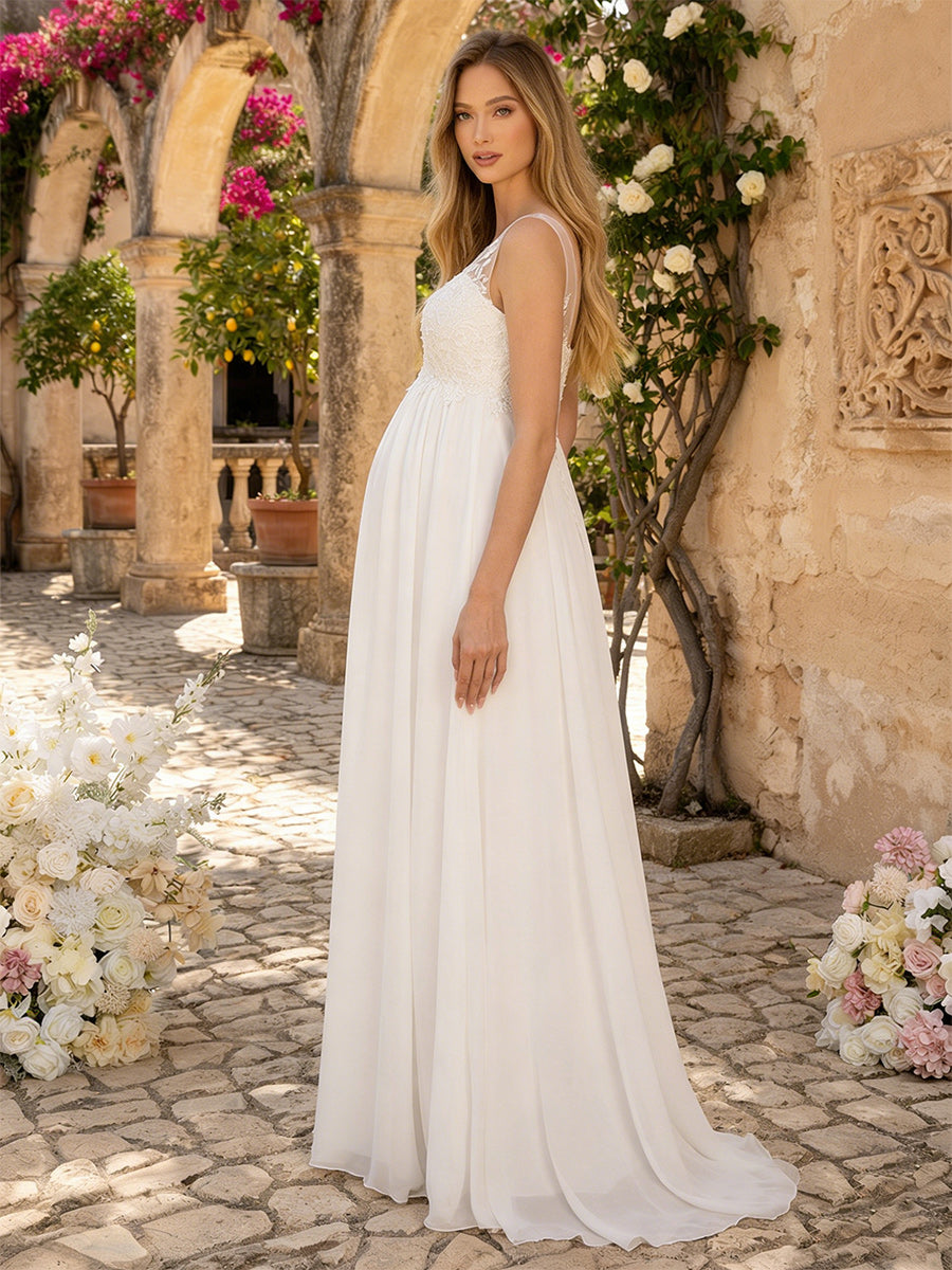 A-Line/Princess Scoop Sleeveless Floor-Length Maternity Wedding Dresses With Applique