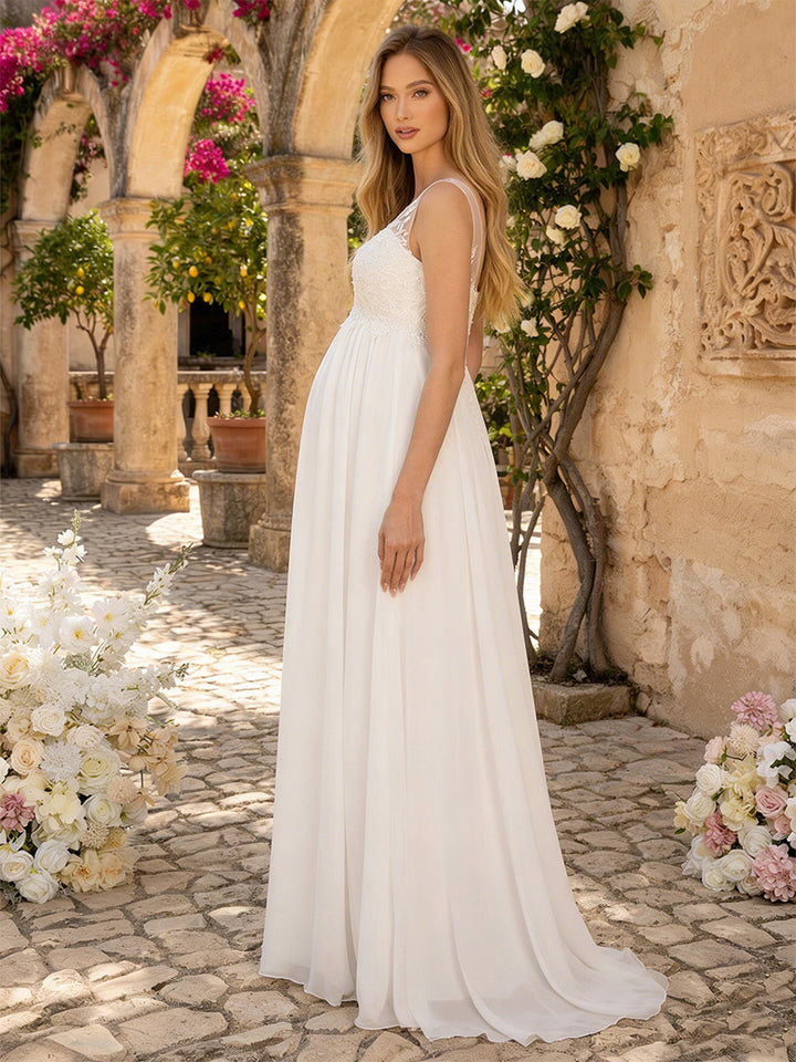 A-Line/Princess Scoop Sleeveless Floor-Length Maternity Wedding Dresses With Applique