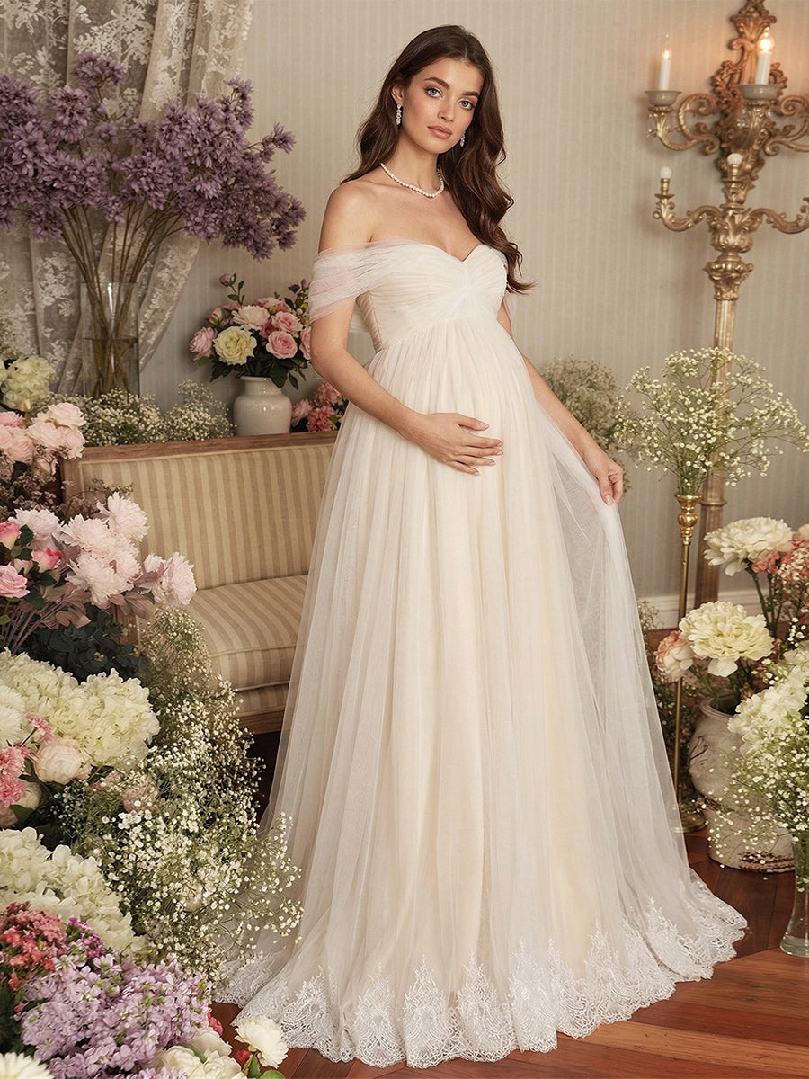 Lavetir A-Line/Princess Off the Shoulder Strapless Floor-Length Maternity Wedding Dresses With Applique 2026