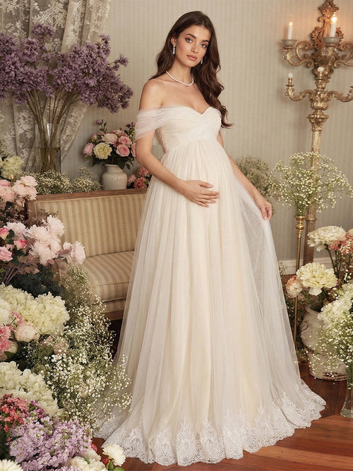Lavetir A-Line/Princess Off the Shoulder Strapless Floor-Length Maternity Wedding Dresses With Applique 2026