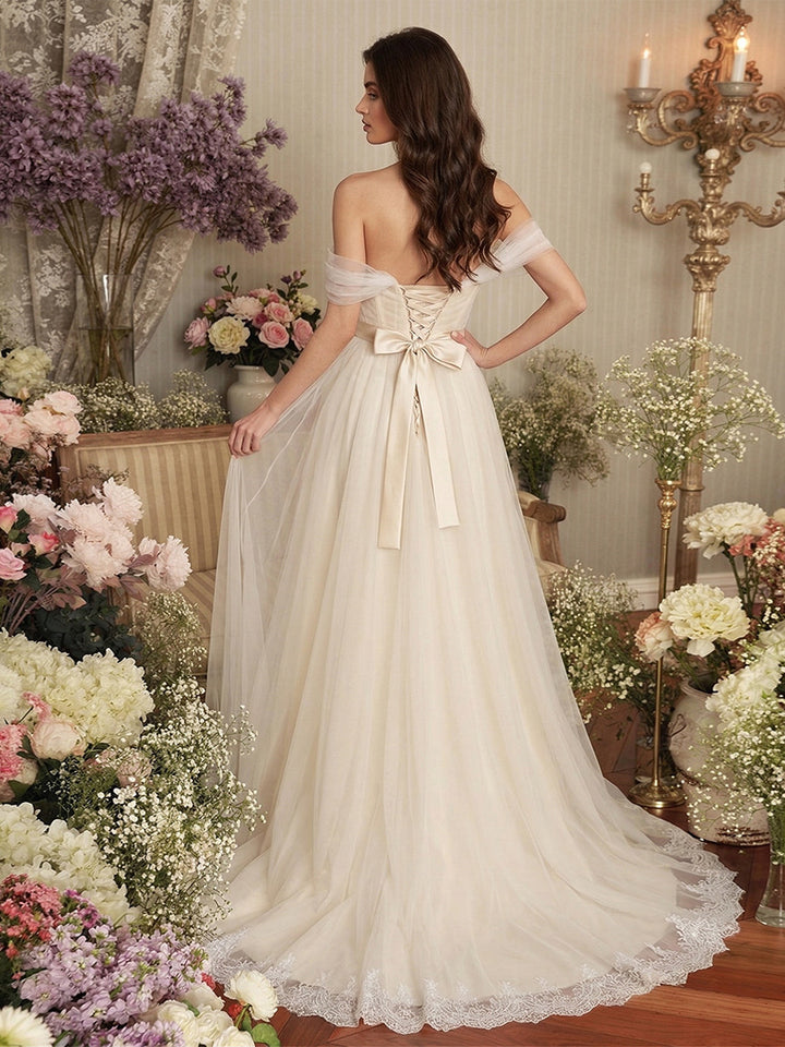 A-Line/Princess Off the Shoulder Strapless Floor-Length Maternity Wedding Dresses With Applique