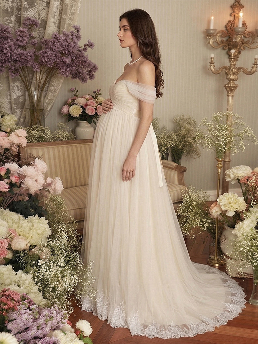 A-Line/Princess Off the Shoulder Strapless Floor-Length Maternity Wedding Dresses With Applique