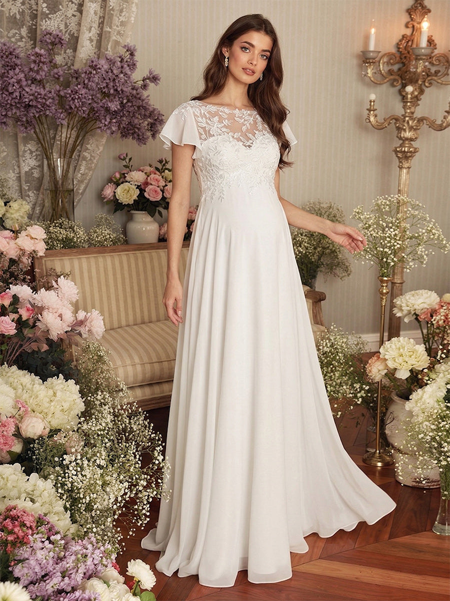 Lavetir A-Line/Princess Illusion Neck Short Sleeves Floor-Length Maternity Wedding Dresses With Applique & Lace 2026