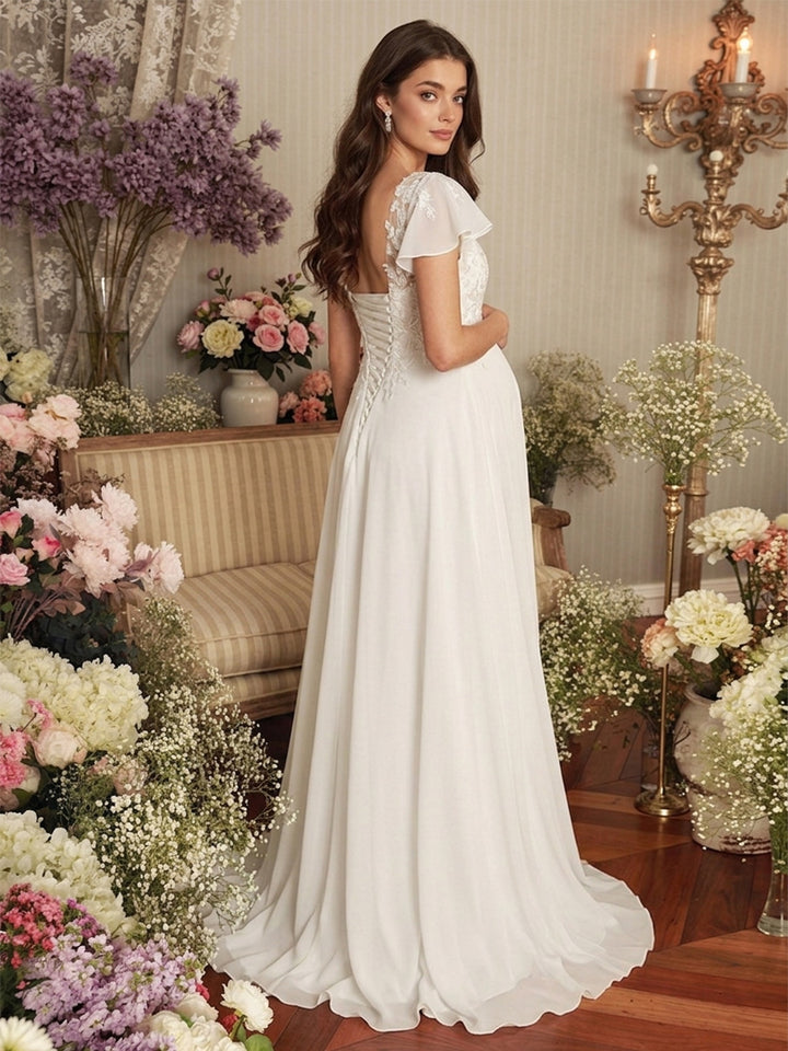 A-Line/Princess Illusion Neck Short Sleeves Floor-Length Maternity Wedding Dresses With Applique &amp; Lace