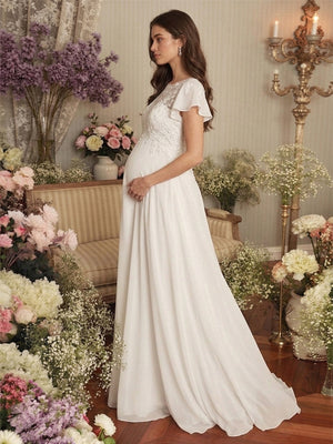 A-Line/Princess Illusion Neck Short Sleeves Floor-Length Maternity Wedding Dresses With Applique & Lace