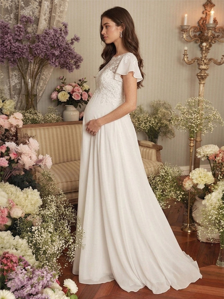 A-Line/Princess Illusion Neck Short Sleeves Floor-Length Maternity Wedding Dresses With Applique &amp; Lace