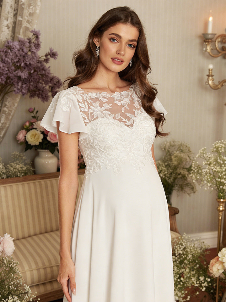 A-Line/Princess Illusion Neck Short Sleeves Floor-Length Maternity Wedding Dresses With Applique &amp; Lace
