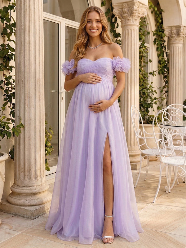 A-Line/Princess Off-the-Shoulder Floor-Length Maternity Wedding Guest Dresses with Pleated & 3D Floral