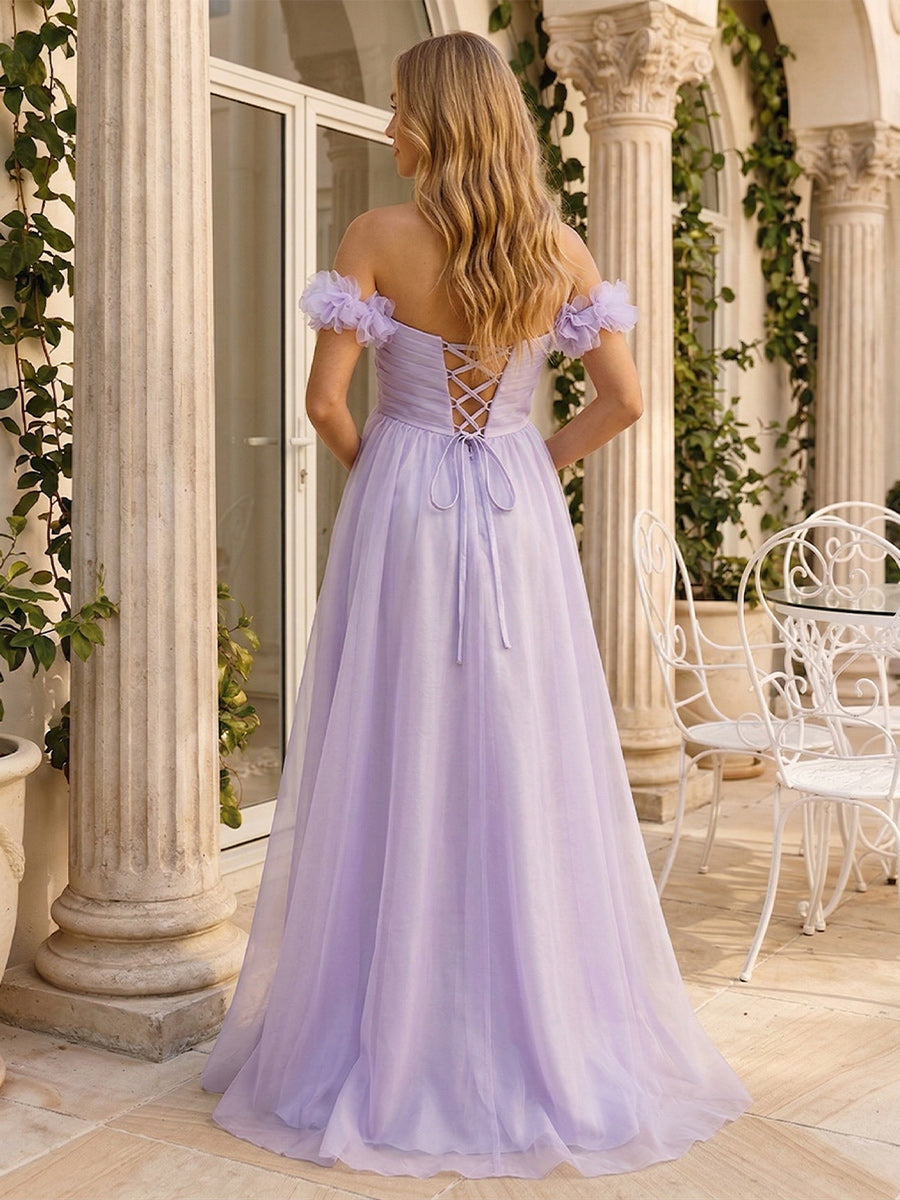 A-Line/Princess Off-the-Shoulder Floor-Length Maternity Wedding Guest Dresses with Pleated &amp; 3D Floral