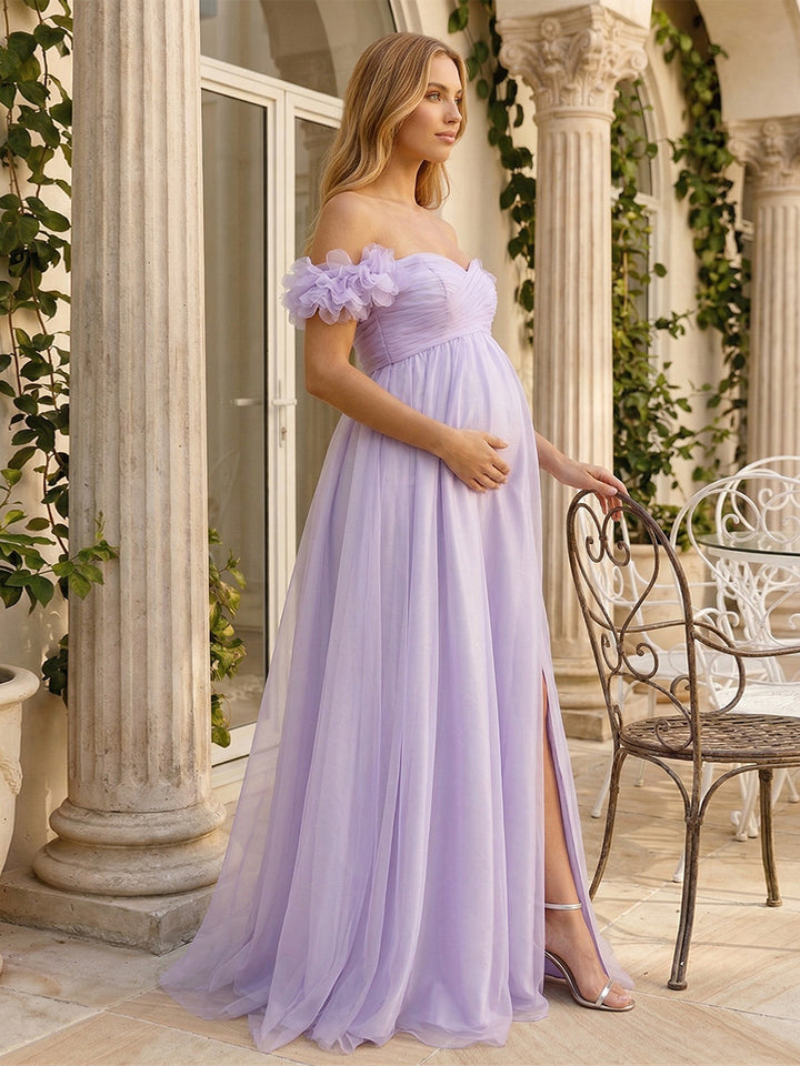 A-Line/Princess Off-the-Shoulder Floor-Length Maternity Wedding Guest Dresses with Pleated &amp; 3D Floral