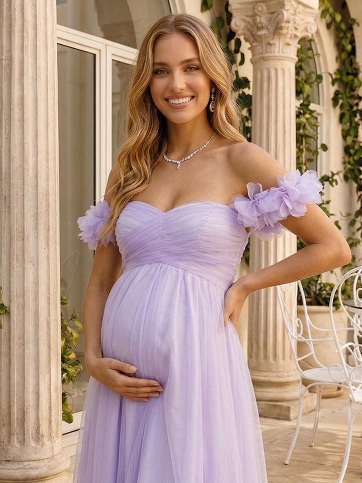 A-Line/Princess Off-the-Shoulder Floor-Length Maternity Wedding Guest Dresses with Pleated &amp; 3D Floral