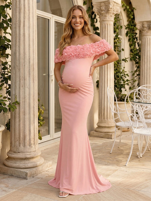 Sheath/Column Off-the-Shoulder Sleeveless Floor-Length Maternity Wedding Guest Dresses with 3D Floral