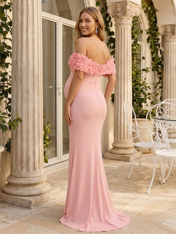 Sheath/Column Off-the-Shoulder Sleeveless Floor-Length Maternity Wedding Guest Dresses with 3D Floral