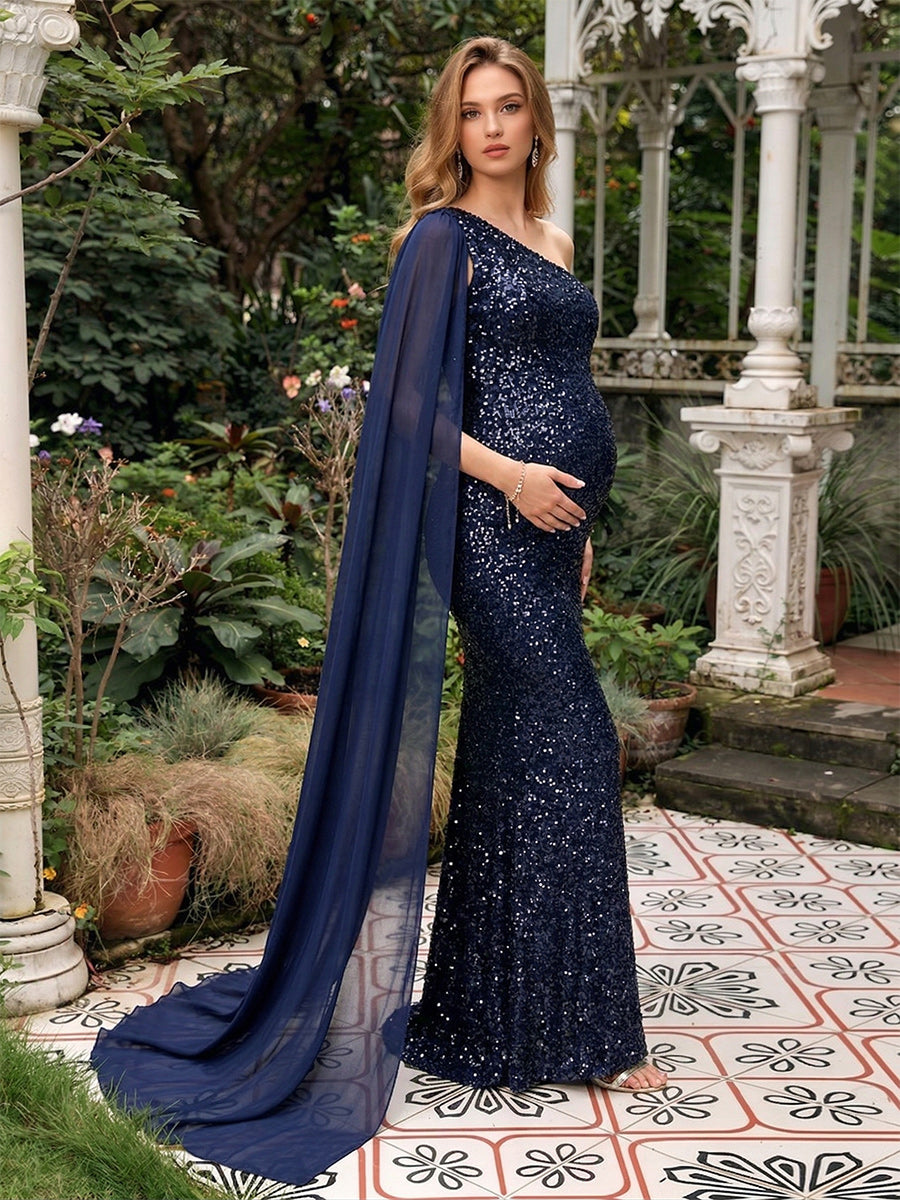Sheath/Column One-Shoulder Sleeveless Floor-Length Maternity Wedding Guest Dresses with Sequins