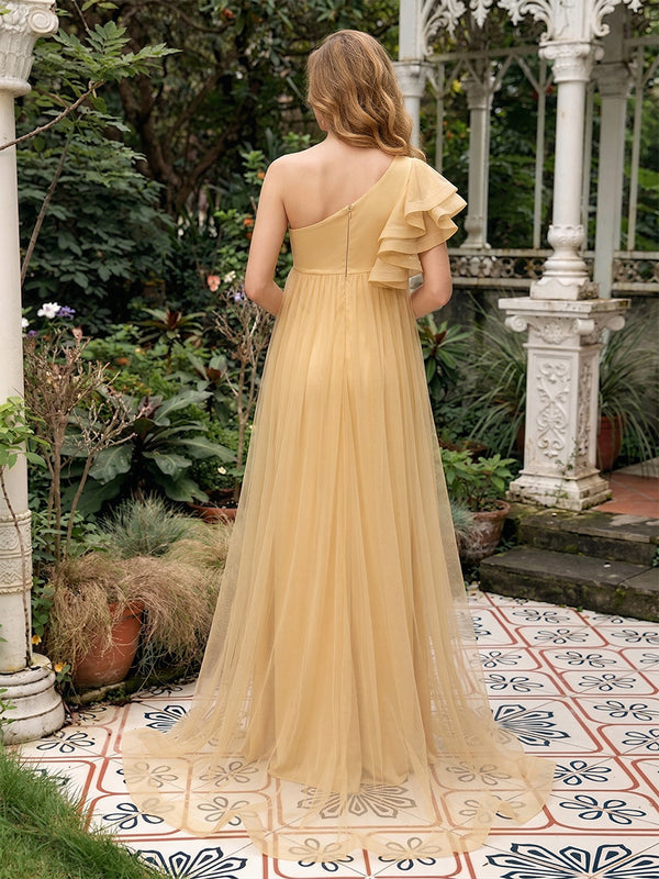Sheath/Column One-Shoulder Short Sleeves Floor-Length Maternity Wedding Guest Dresses with Ruffles
