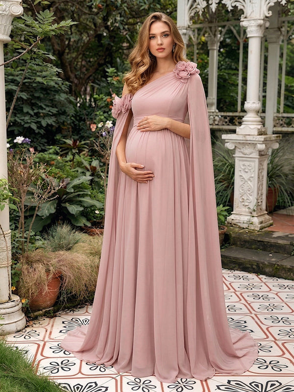 A-Line/Princess One-Shoulder Floor-Length Maternity Wedding Guest Dresses with Pleated & 3D Floral