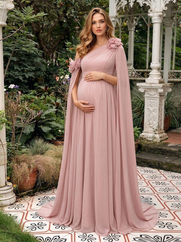 A-Line/Princess One-Shoulder Floor-Length Maternity Wedding Guest Dresses with Pleated &amp; 3D Floral
