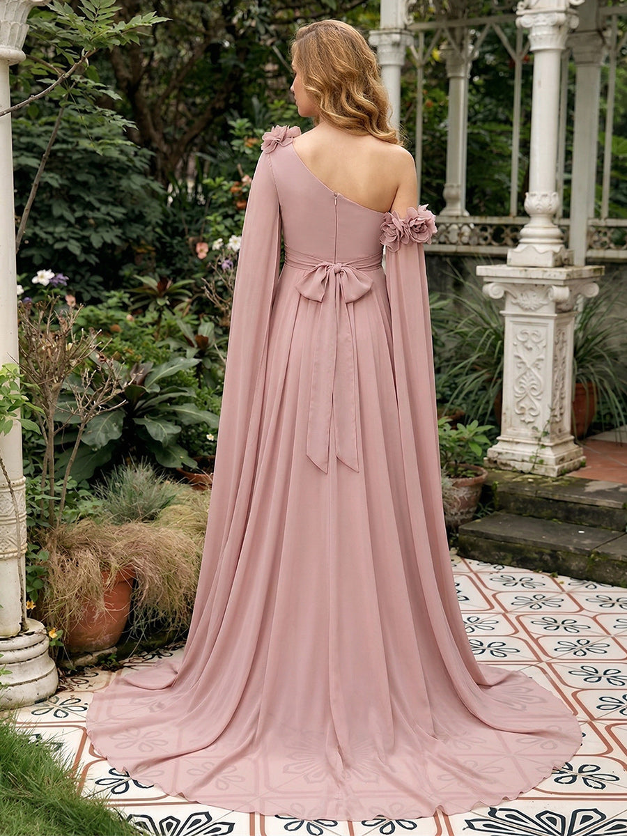 A-Line/Princess One-Shoulder Floor-Length Maternity Wedding Guest Dresses with Pleated &amp; 3D Floral