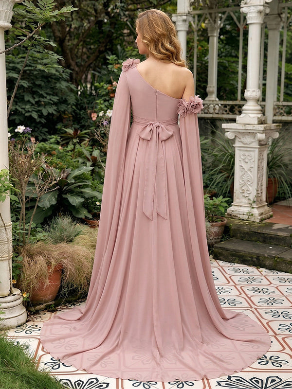 A-Line/Princess One-Shoulder Floor-Length Maternity Wedding Guest Dresses with Pleated & 3D Floral