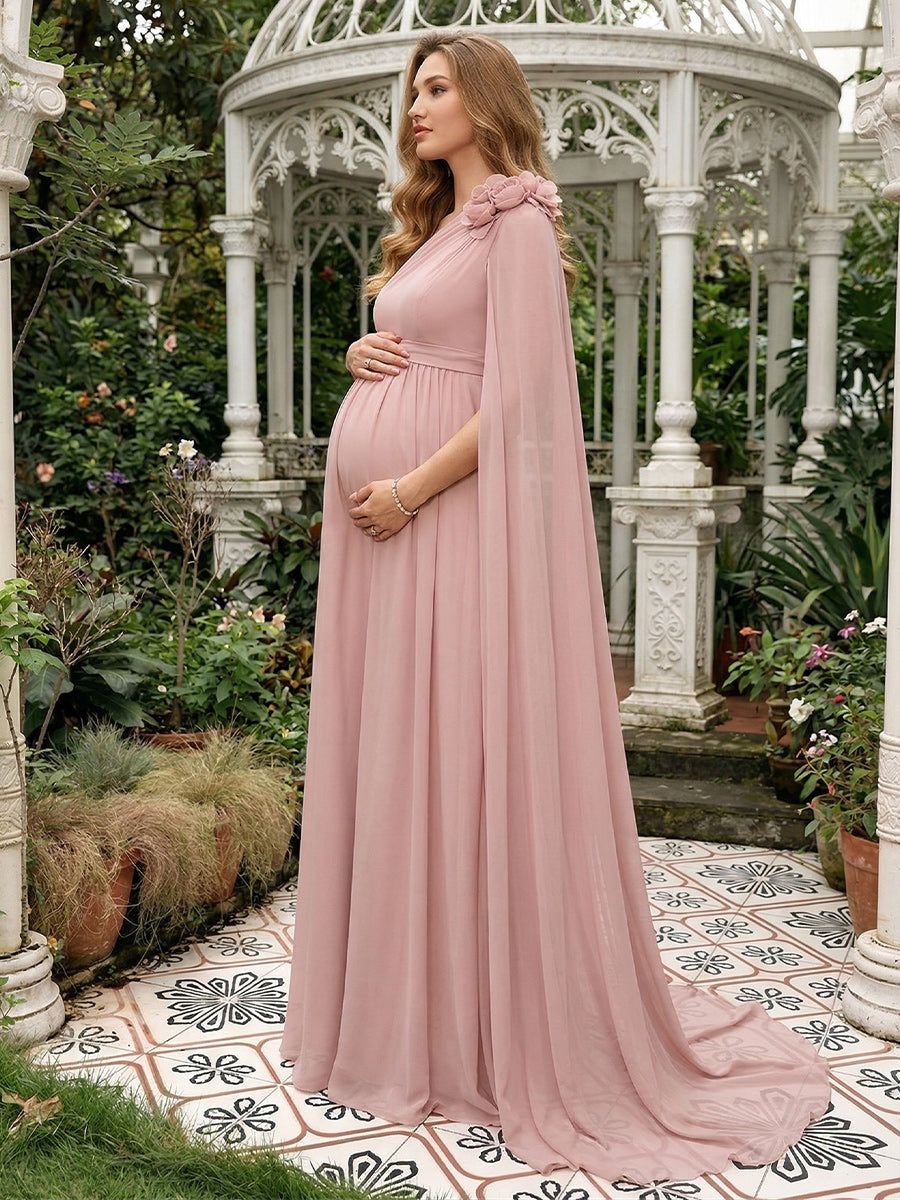 A-Line/Princess One-Shoulder Floor-Length Maternity Wedding Guest Dresses with Pleated &amp; 3D Floral
