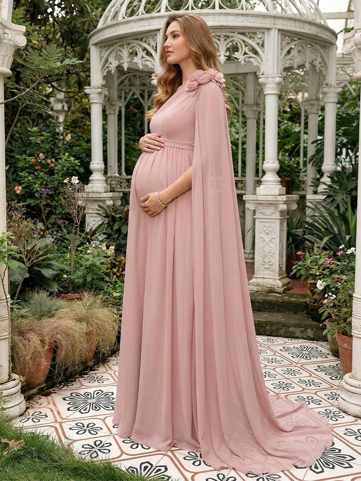 A-Line/Princess One-Shoulder Floor-Length Maternity Wedding Guest Dresses with Pleated &amp; 3D Floral