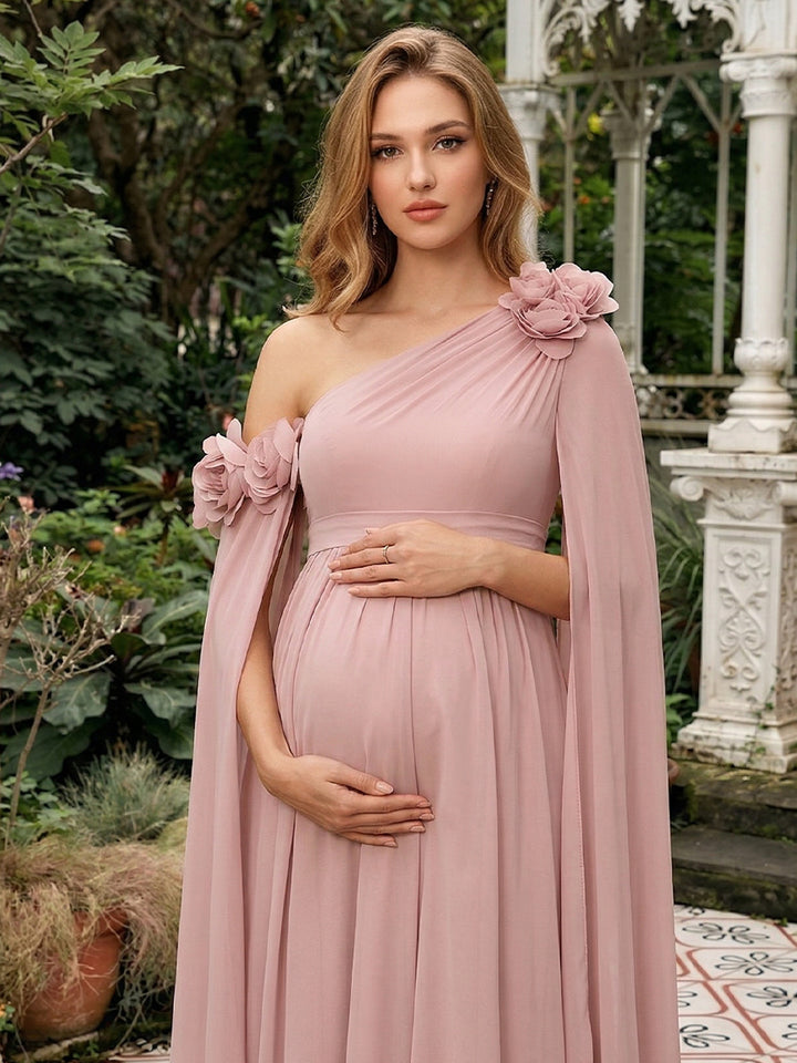 A-Line/Princess One-Shoulder Floor-Length Maternity Wedding Guest Dresses with Pleated &amp; 3D Floral