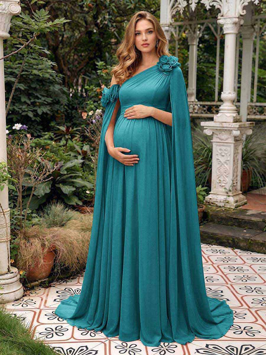 A-Line/Princess One-Shoulder Floor-Length Maternity Wedding Guest Dresses with Pleated &amp; 3D Floral