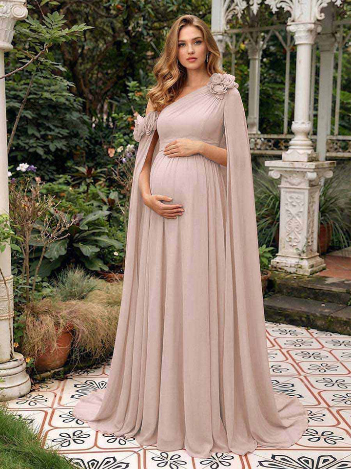 A-Line/Princess One-Shoulder Floor-Length Maternity Wedding Guest Dresses with Pleated &amp; 3D Floral