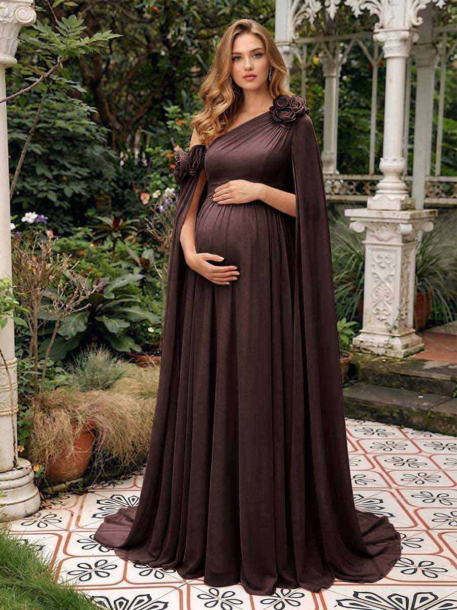A-Line/Princess One-Shoulder Floor-Length Maternity Wedding Guest Dresses with Pleated &amp; 3D Floral