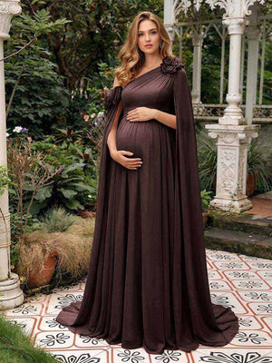 A-Line/Princess One-Shoulder Floor-Length Maternity Wedding Guest Dresses with Pleated & 3D Floral