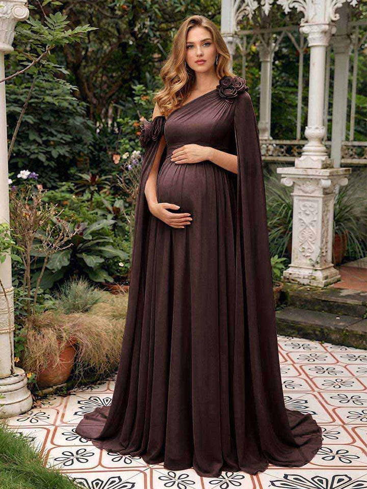 A-Line/Princess One-Shoulder Floor-Length Maternity Wedding Guest Dresses with Pleated &amp; 3D Floral