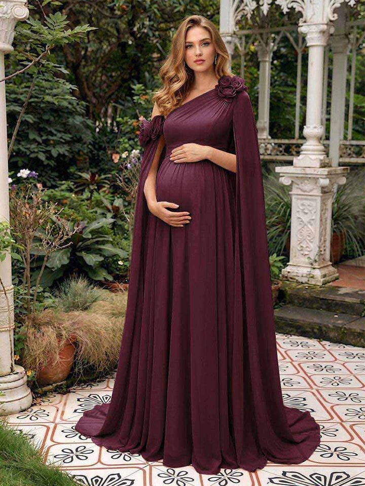 A-Line/Princess One-Shoulder Floor-Length Maternity Wedding Guest Dresses with Pleated &amp; 3D Floral