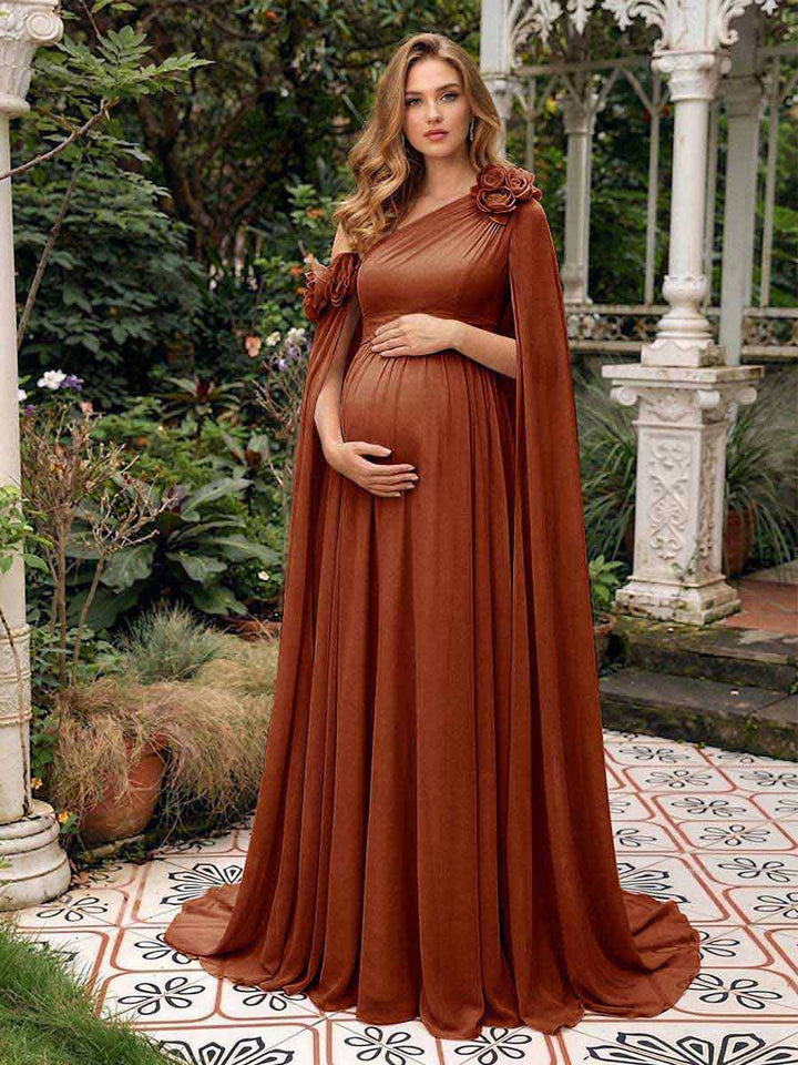 A-Line/Princess One-Shoulder Floor-Length Maternity Wedding Guest Dresses with Pleated &amp; 3D Floral