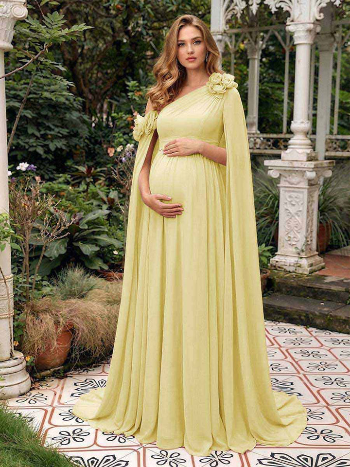 A-Line/Princess One-Shoulder Floor-Length Maternity Wedding Guest Dresses with Pleated &amp; 3D Floral