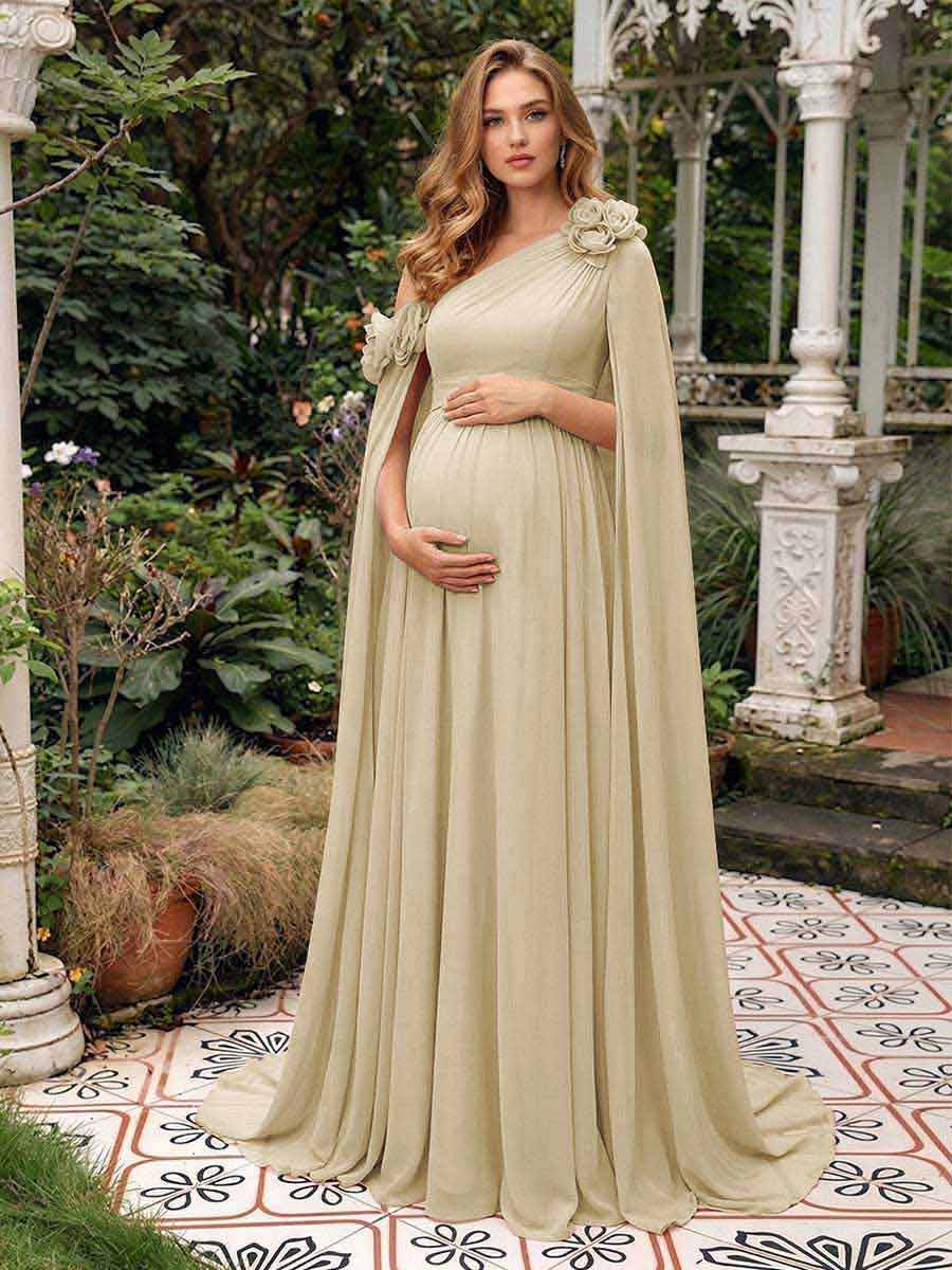 A-Line/Princess One-Shoulder Floor-Length Maternity Wedding Guest Dresses with Pleated &amp; 3D Floral