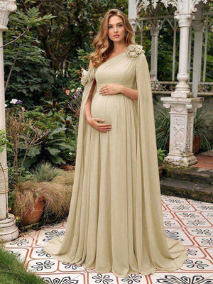 A-Line/Princess One-Shoulder Floor-Length Maternity Wedding Guest Dresses with Pleated & 3D Floral